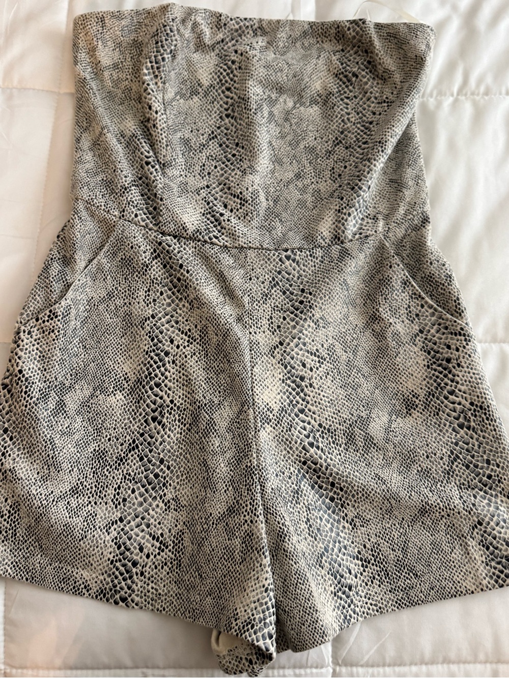 She + Sky Snake-Print Reptile Pattern Romper in Gray and Cream
